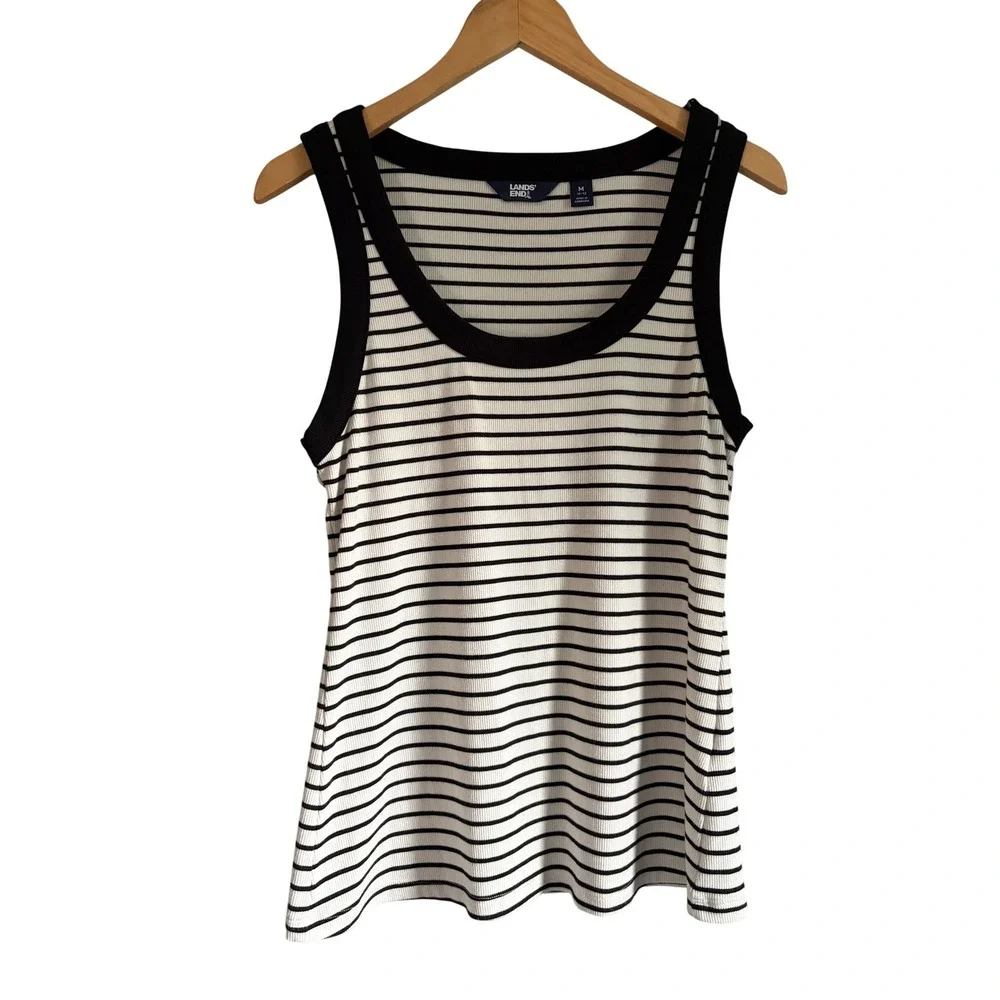 Lands End Womens Medium Black White Striped Ribbed Knit Scoop Neck Tank Top M